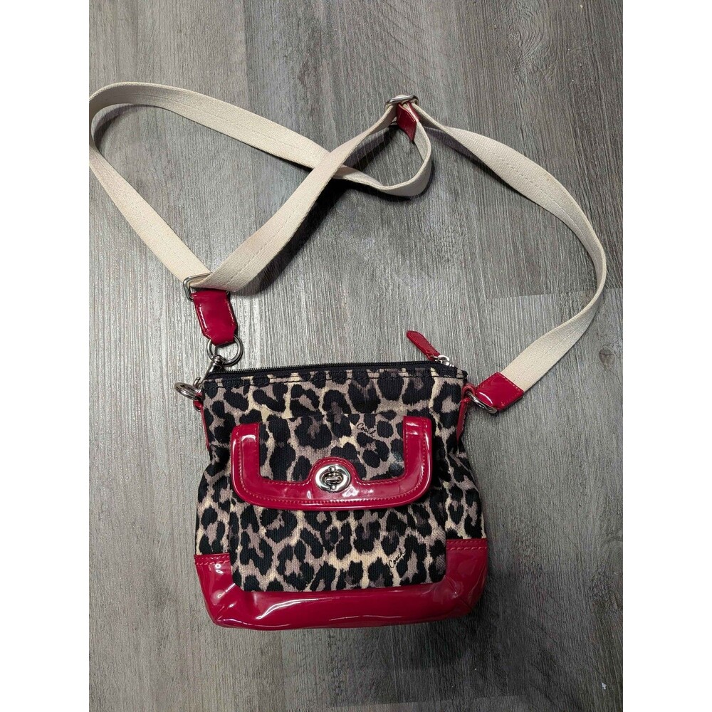 Coach Leopard Print Red Patent Leather Crossbody Bag Purse Canvas Strap Adjustab